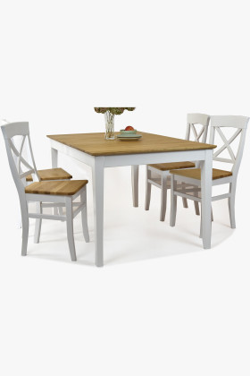 Tömör tölgy étkezőasztal kihúzható 140x90 cm + 4 fehér paraszti